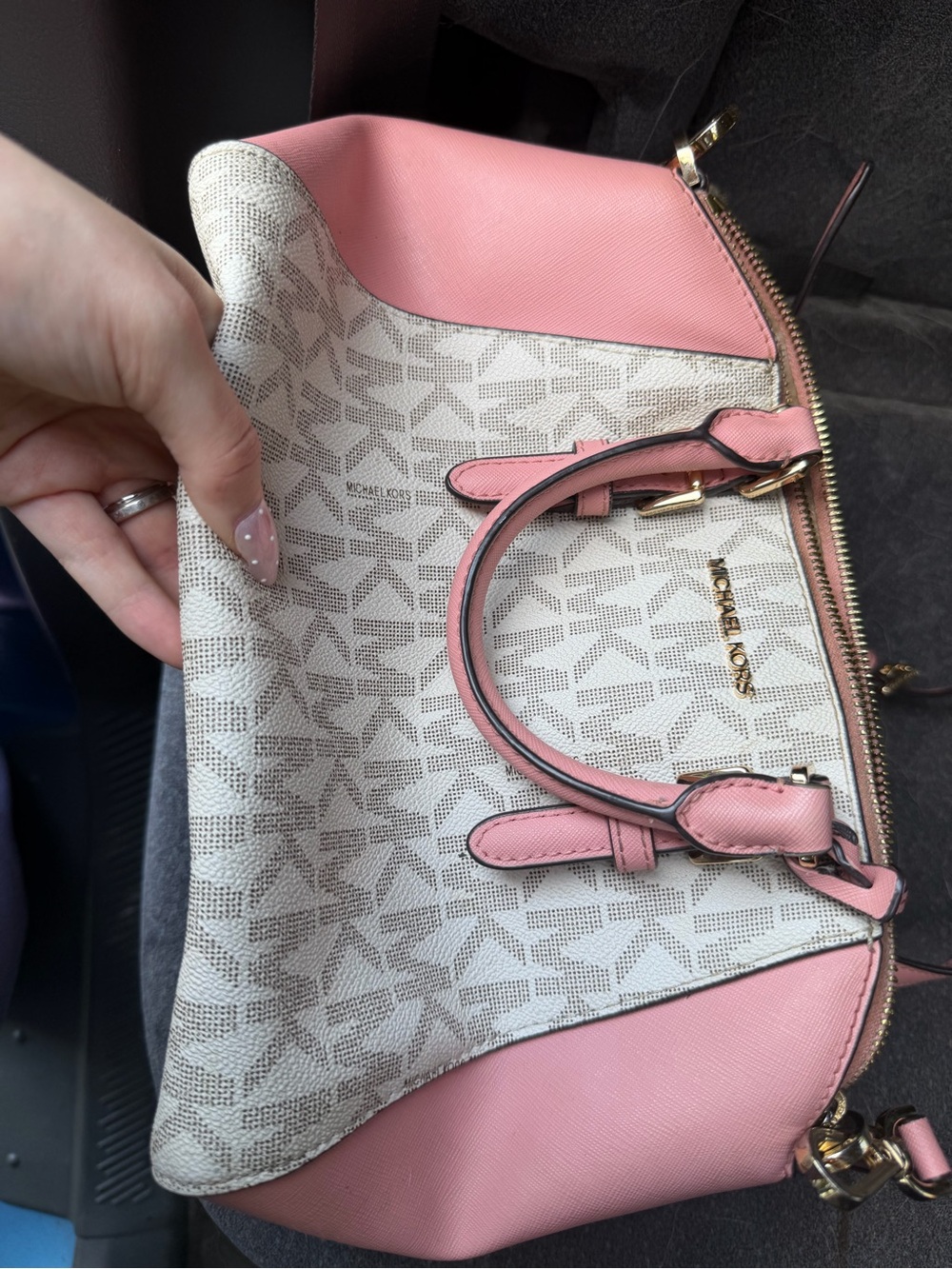 Michael Kors Pink and Vanilla Logo Satchel with Gold Hardware